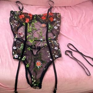 NEW Embroidered Floral Mesh Garden Luxury Lingerie Peekaboo Ribbed Bodysuit